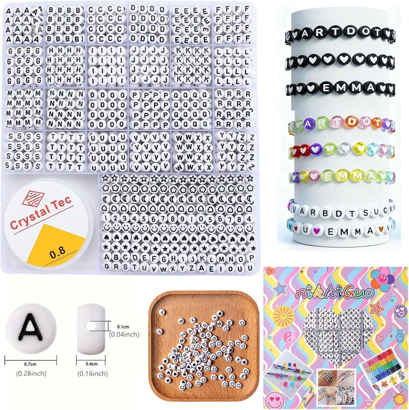 nikkiGuo 1250 PCS Letter Beads Kit with Elastic Cord – Alphabet A–Z, Numbers, Heart, Moon, Star, Smiley Beads for Friendship Bracelets & DIY Jewelry (White Beats & Black Letters) - Image 2
